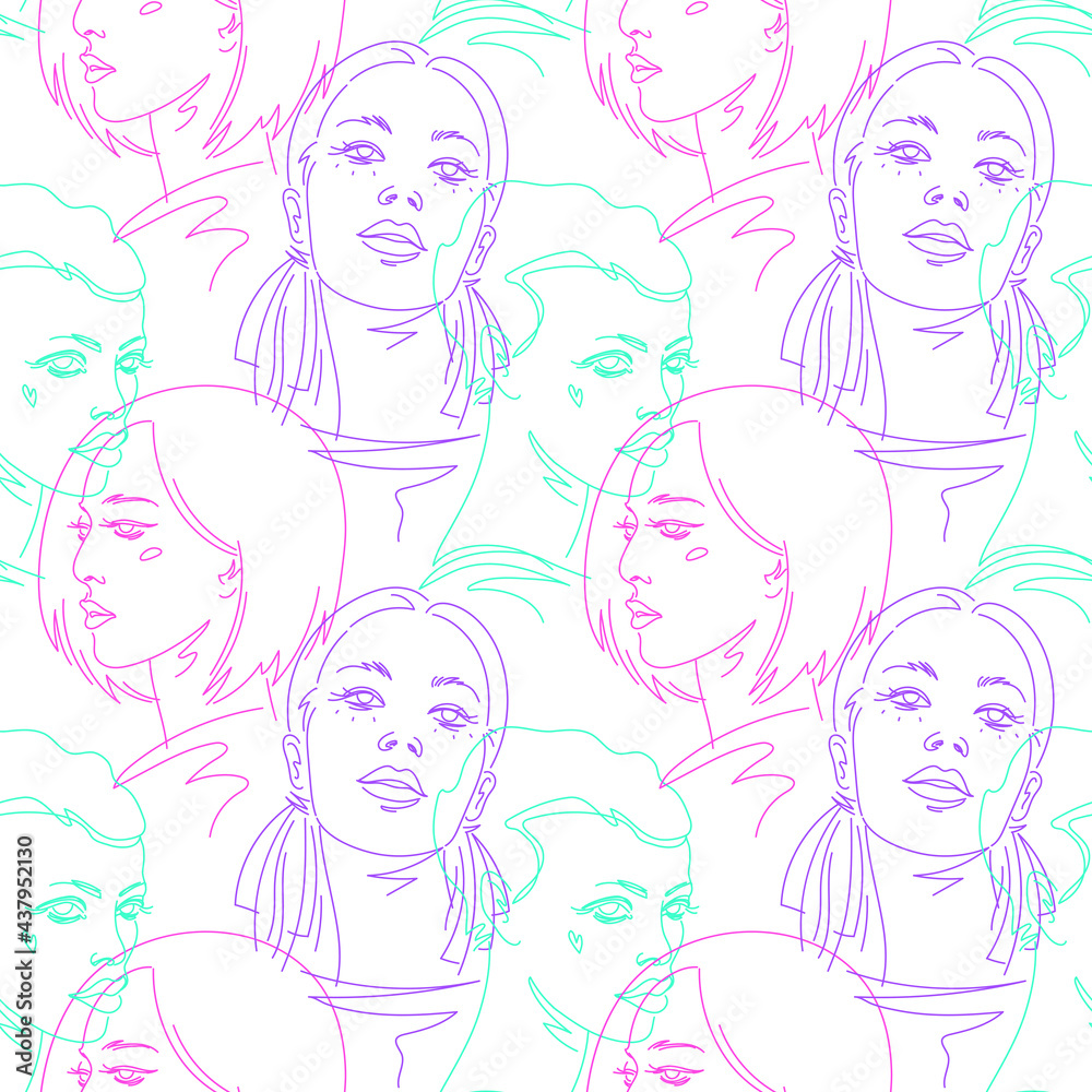 Women faces linear drawings seamless vector pattern. Afro, black, asian, european woman head. Hand drawn colorful simple line sketches. Diversity, female themed background, hair salon, beauty template Women faces linear drawings seamless vector pattern. Afro, black, asian, european woman head. Hand drawn colorful simple line sketches. Diversity, female themed background, hair salon, beauty template