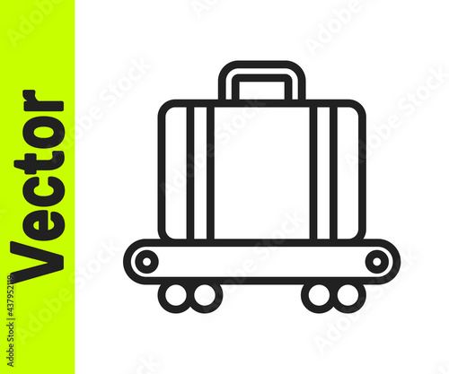Black line Airport conveyor belt with passenger luggage, suitcase, bag, baggage icon isolated on white background. Vector