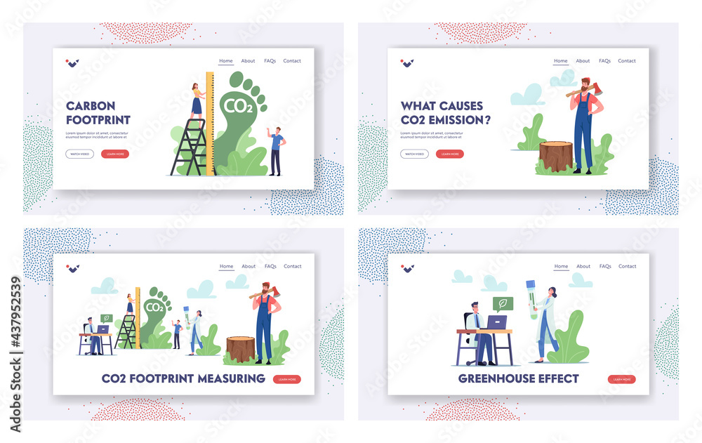 Co2 Footprint Measuring Landing Page Template Set. Tiny Characters Measure Carbon Emission Amount in Air, Greenhouse Co2 Footprint Measuring Landing Page Template Set. Tiny Characters Measure Carbon Emission Amount in Air, Greenhouse