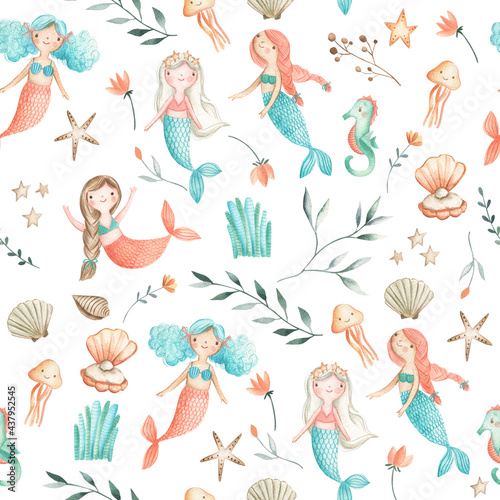 Mermaids watercolor children seamless pattern illustration