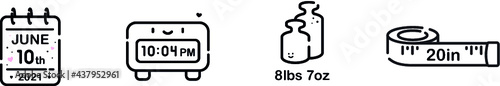 Baby card symbol icons: calendar for date of birth, alarm clock for time, weights for birth weight in pounds, measuring tape for length in inches