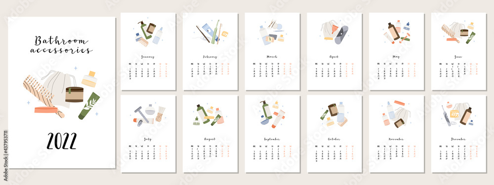 Vertical calendar 2022, 12 months. Week start from Monday. Event planner, organizer, schedule page design, weekly timetable. Bathroom accessories, bath item, toiletry. Vector flat cartoon illustration Vertical calendar 2022, 12 months. Week start from Monday. Event planner, organizer, schedule page design, weekly timetable. Bathroom accessories, bath item, toiletry. Vector flat cartoon illustration