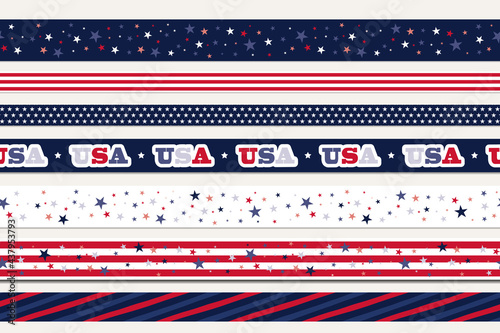 American patriotic symbol washi tape, decorative border for product packaging or Independence day flyer decoration with flag inspired stars and stripes, USA letters in red, blue and navy colours. 