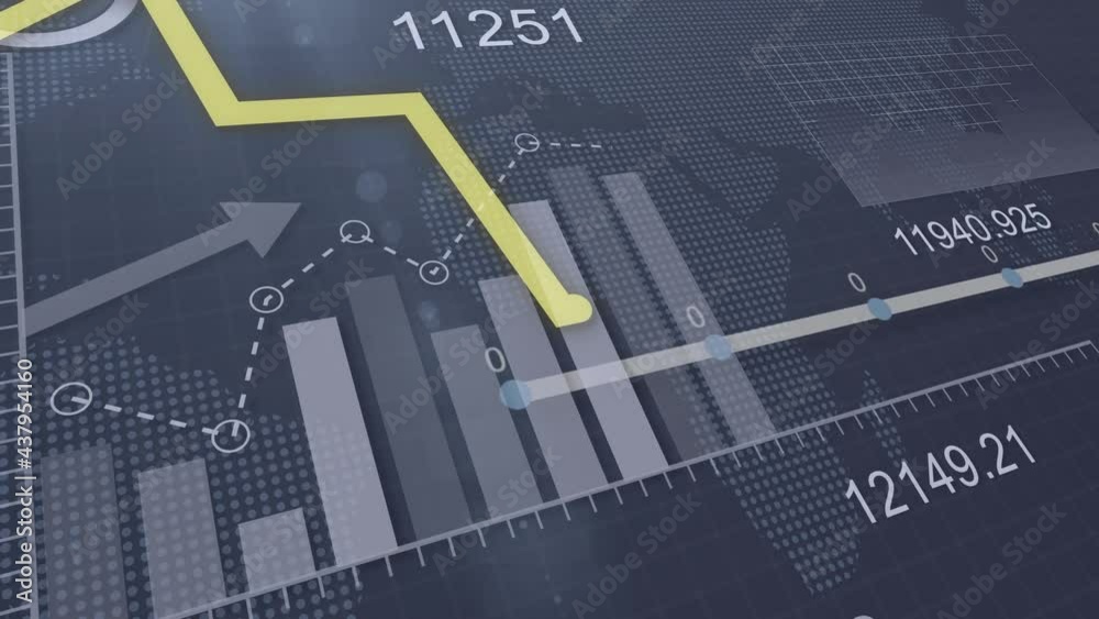 Yellow line graph and different charts and graphs on the background of dynamic numbers and a map of the world from dots. 4k. 3d render.
