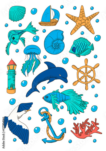 Sea ocean sticker set with fish, dolphin, seashell, lighthouse, weel, gull, coral, jellyfish, starfish, boat. Printable format.