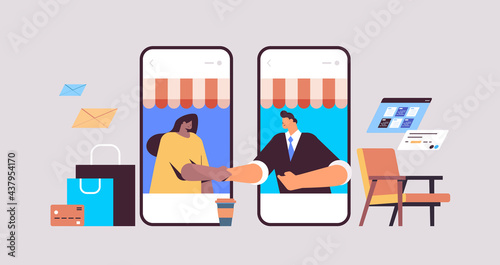 businesspeople shaking hands business partners on smartphones screen making deal agreement partnership