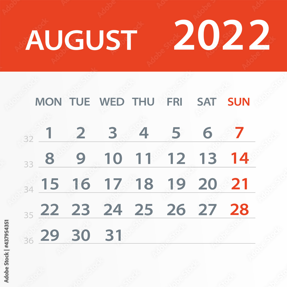 August 2022 Calendar Leaf - Vector Illustration August 2022 Calendar Leaf - Vector Illustration