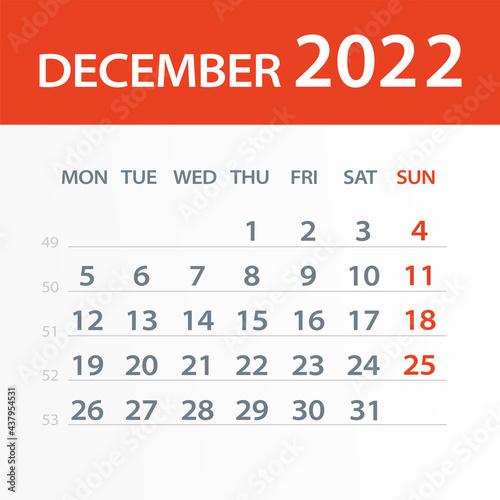 December 2022 Calendar Leaf - Vector Illustration. Week starts on Monday