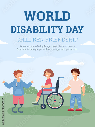 Banner for World Disability Day with disabled kids cartoon vector illustration.
