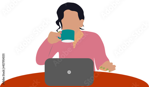 Mujer de negocios empezando su día laboral. Desayuno y trabajo, fondo transparente