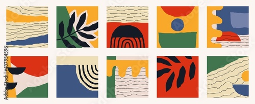 Trendy social media set of ten abstract backgrounds with abstract organic shapes composition in contemporary collage minimal style.