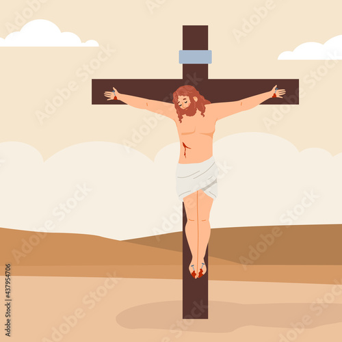Biblical New Testament scene of Jesus crucifixion, flat vector illustration.
