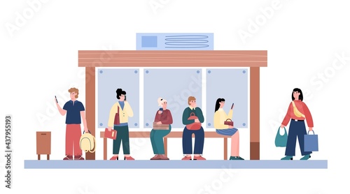 Crowd at public transport bus stop, cartoon vector illustration isolated.