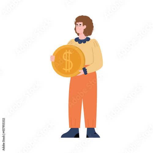 Businesswoman holds golden coin in hands, cartoon vector illustration isolated.