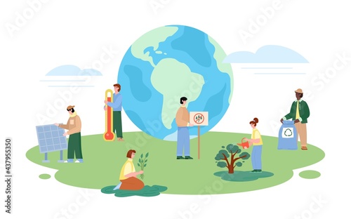 Global warming banner with volunteers, flat vector illustration isolated.