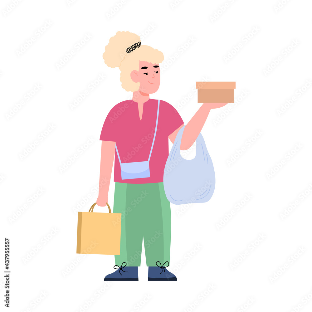 Child with goods bought at sale, cartoon flat vector illustration isolated. Child with goods bought at sale, cartoon flat vector illustration isolated.