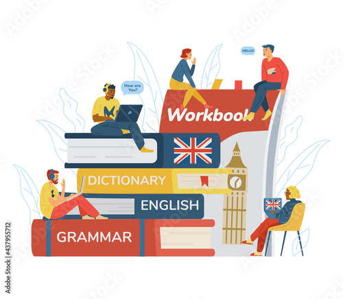 English language distance online learning banner, flat vector illustration.