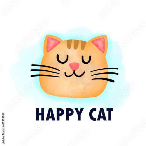 watercolor cat with happy cat word.