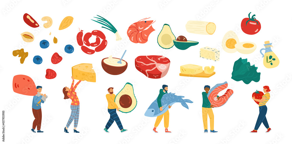 Set of tiny people following a keto diet with healthy food a vector illustrations