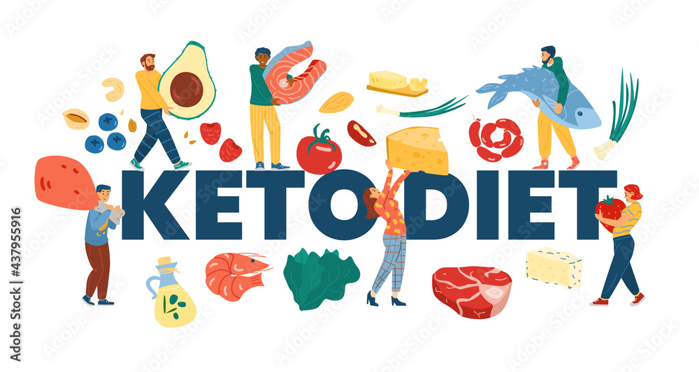 Keto Diet web banner with tiny people, cartoon vector illustration isolated.
