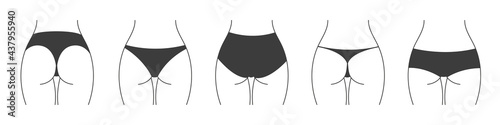 Different types of panties. Collection of lingerie back view. Vector silhouettes of female underwear