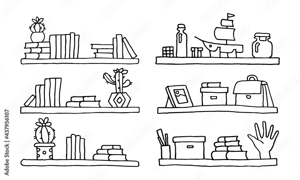 Fototapeta premium Set of Bookshelves with books, souvenirs, school supplies. Doodle style drawing. Vector EPS 10