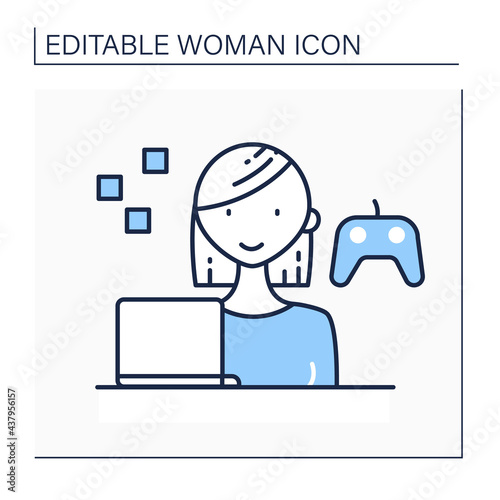 Gamer line icon. Woman plays interactive games, especially video games, tabletop role-playing. Having laptop. Enjoying process. Successful woman concept. Isolated vector illustration.Editable stroke
