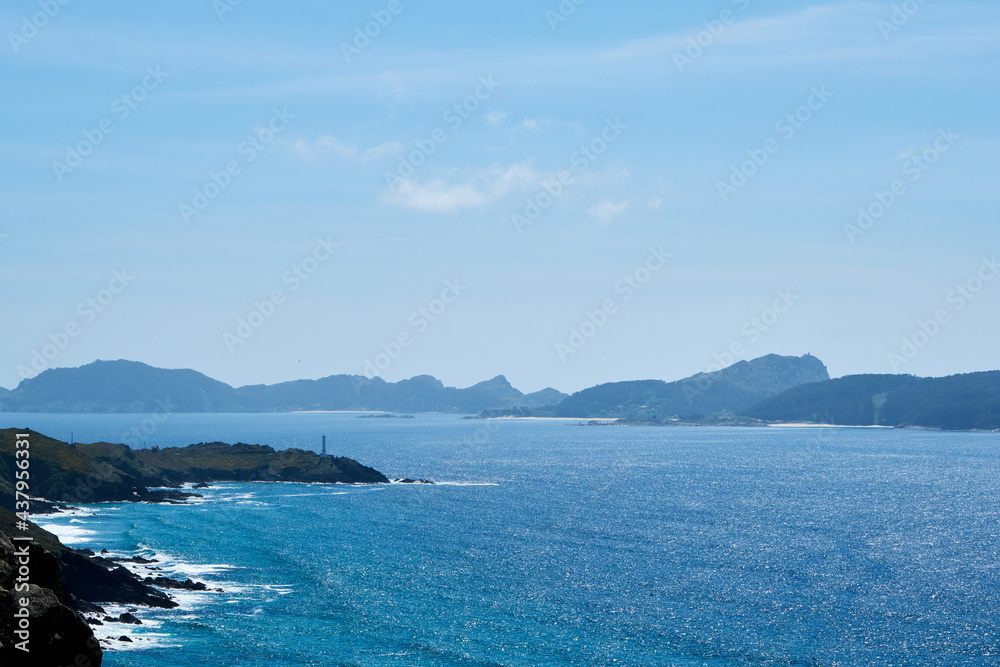 Cies Islands views and Cabo Home lighthouse in Pontevedra, Galicia, Spain