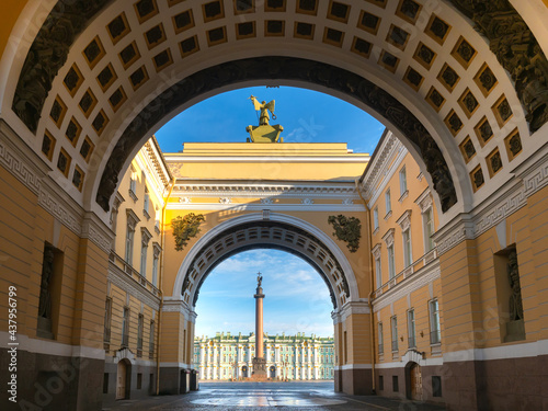 Building main headquarters in Saint Petersburg. Architecture of Russian cities. Exterior of building of main headquarters. Street leading to palace square of Saint Petersburg. Russian Architecture