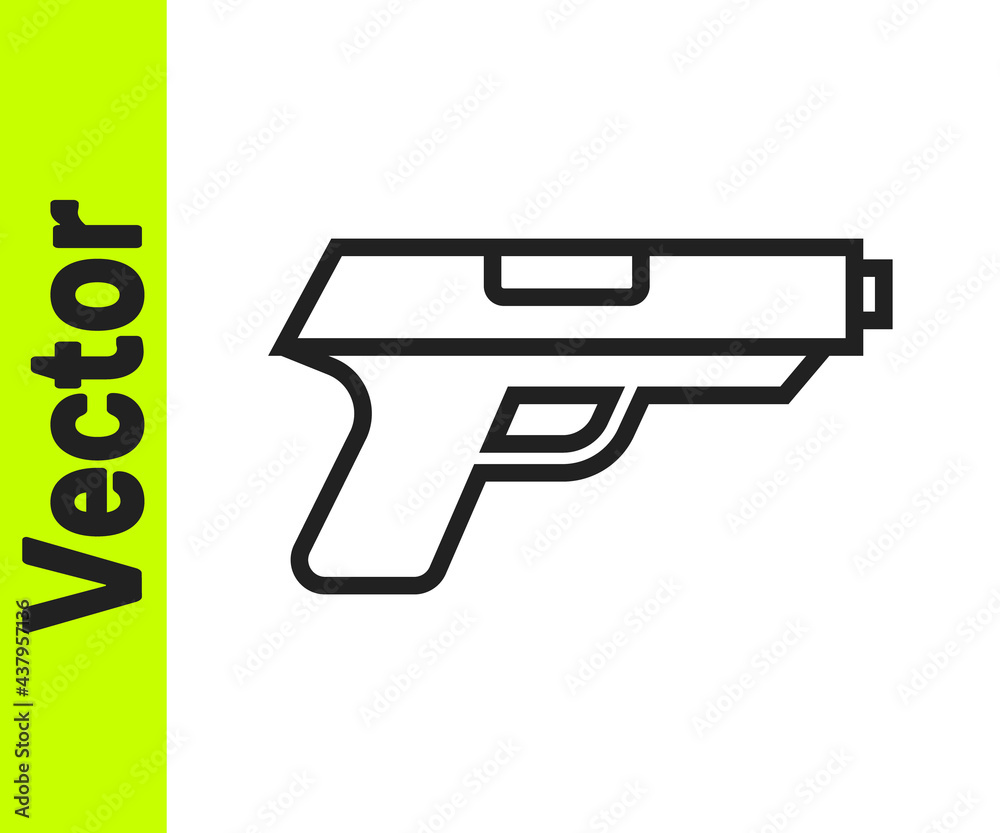 Black line Pistol or gun icon isolated on white background. Police or military handgun. Small firearm. Vector Black line Pistol or gun icon isolated on white background. Police or military handgun. Small firearm. Vector