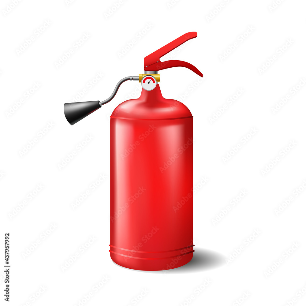 Red portable fire extinguisher template. Steel firefighting cylinder with black spray and pressure sensor