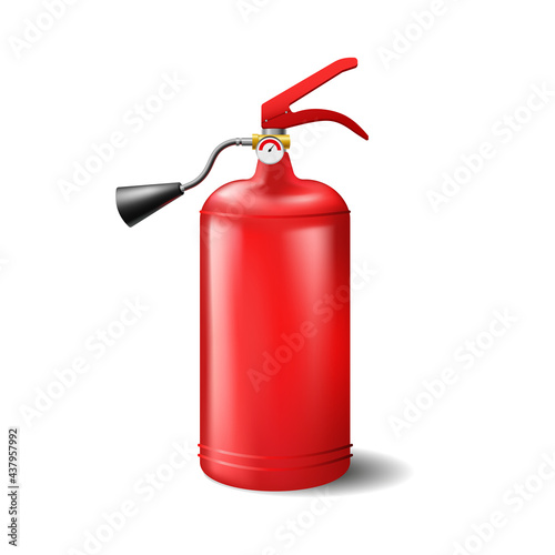 Red portable fire extinguisher template. Steel firefighting cylinder with black spray and pressure sensor