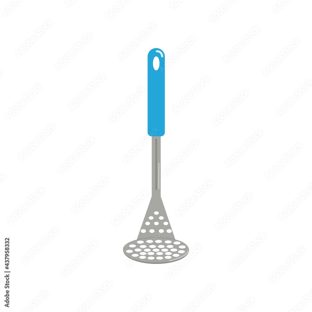 Metal kitchen trampoline with plastic blue handle for making puree, kitchen utensils, vector object in flat style, isolate. Metal kitchen trampoline with plastic blue handle for making puree, kitchen utensils, vector object in flat style, isolate.