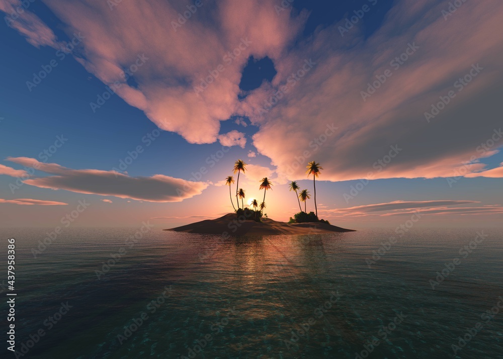 Beautiful sunset over a tropical island with palm trees, uninhabited island at sunset, palm trees on the beach in the sun, 3D rendering - obrazy, fototapety, plakaty 