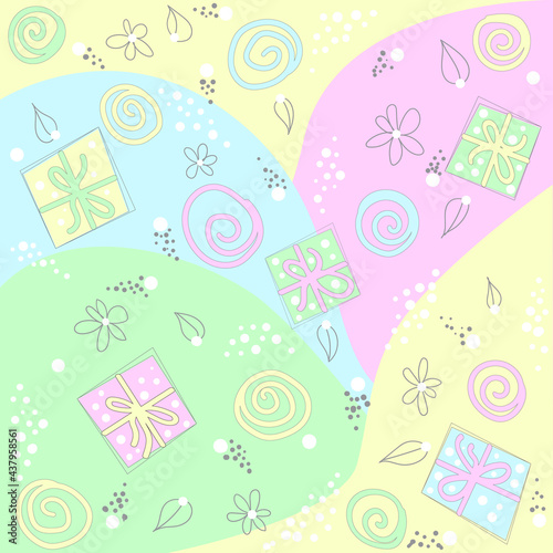 Abstract multicolored square doodle pattern with gift boxes  flowers and leaves. Vector.