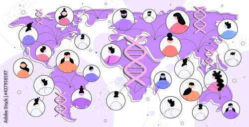 scientists on world map discussing during virtual meeting DNA testing genetic engineering global communication