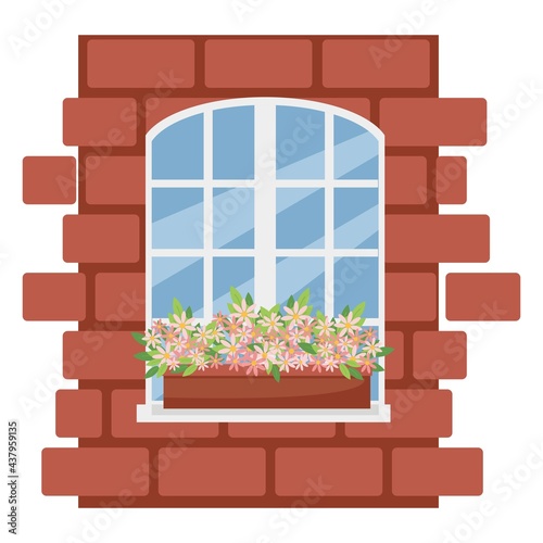 Chamomiles in a pot on a white box, brick wall, vector illustration in flat style, cartoon, isolated.