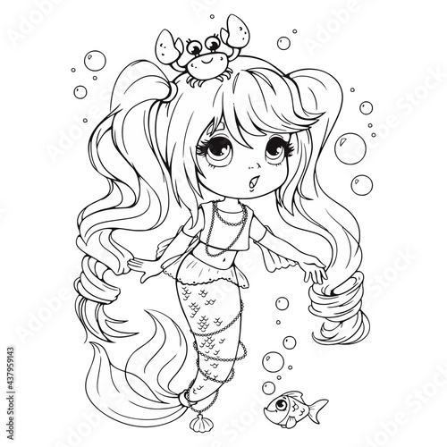 Cute little mermaid with a crab on her head coloring book. Coloring book for girls with a beautiful little mermaid. Vector line illustration in cartoon childish style. Isolated clipart on white