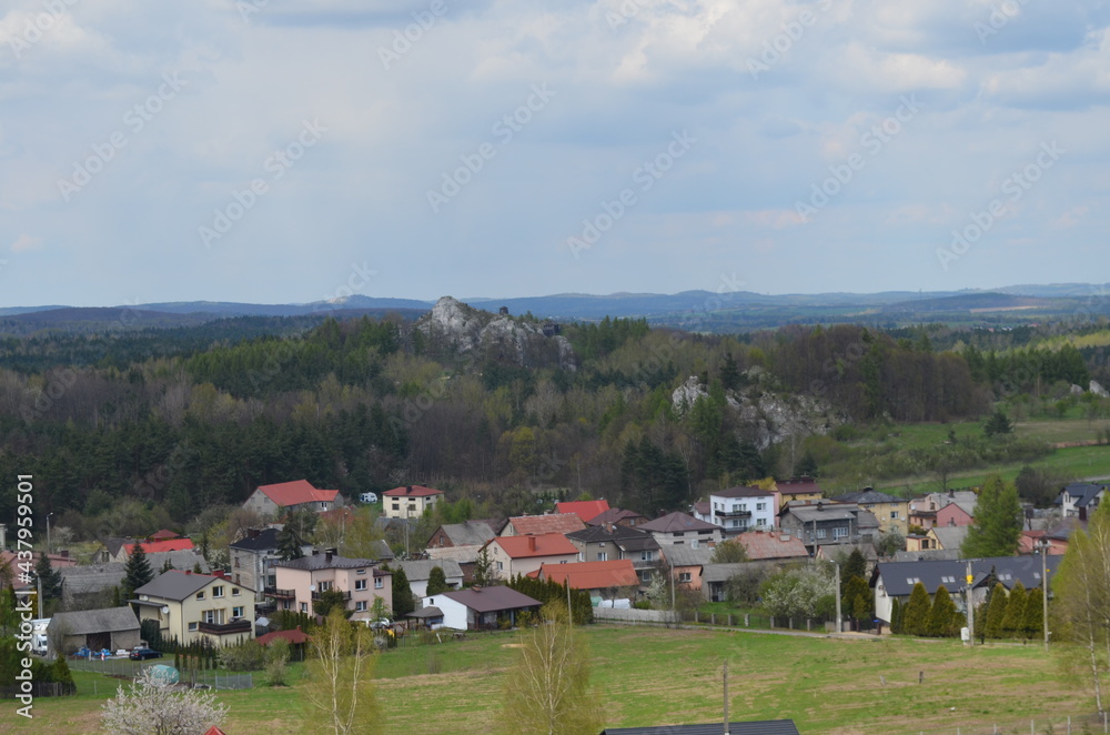 Widok na Jurę krakowsko-Częstochowską i wieś Podzamcze z ruin zamku Ogrodzieniec 