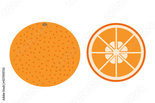 A whole orange and a slice of orange on an isolated white background. Flat vector illustration.