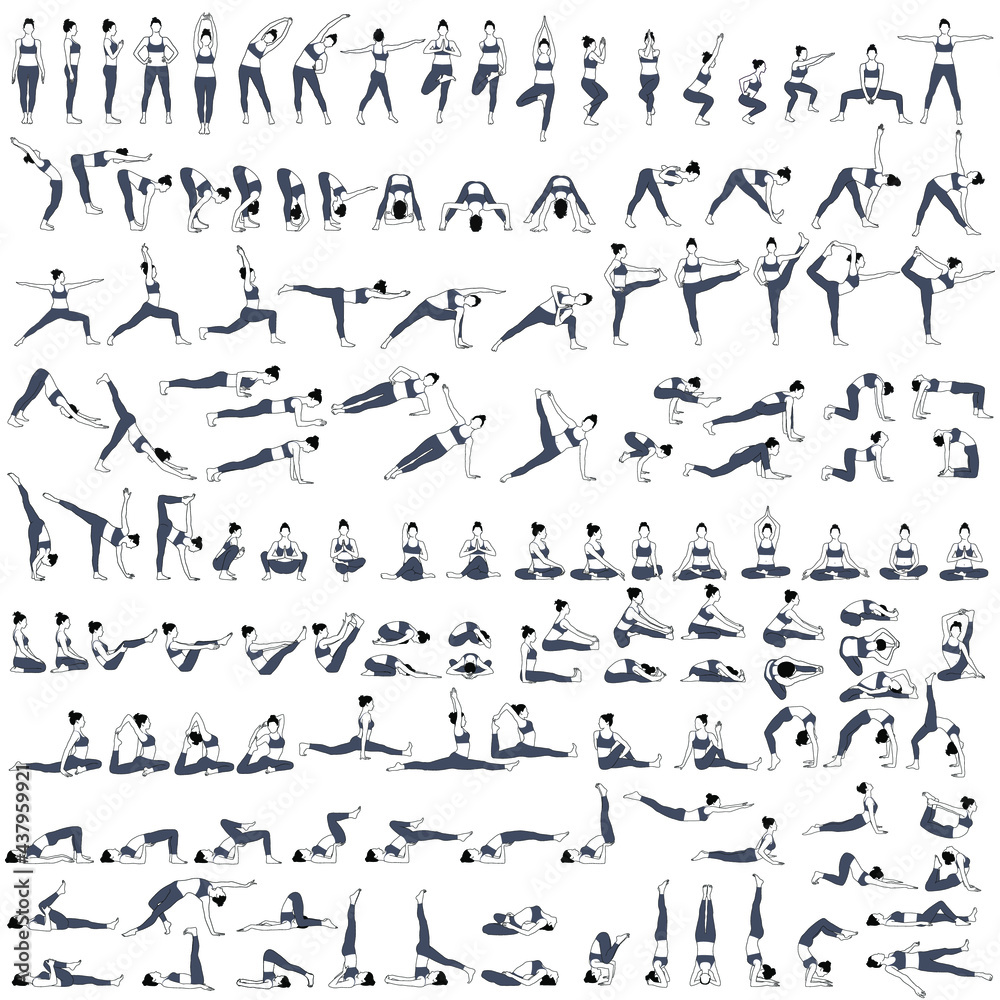 Set of vector silhouettes of woman doing yoga exercises.  Icons of girl stretching and relaxing her body in many different yoga poses. Black shapes of woman isolated on white background. Yoga complex. - obrazy, fototapety, plakaty 