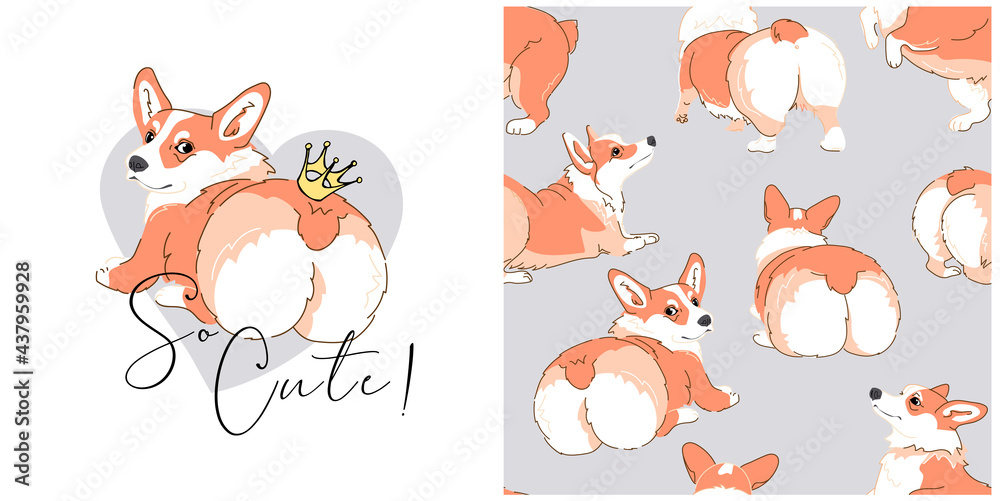Collection of one print and one seamless pattern. Portrait of a cute Dog with a crown. Funny Pembroke Welsh Corgi. Back. Humor textile composition, hand drawn style print. Vector illustration. Collection of one print and one seamless pattern. Portrait of a cute Dog with a crown. Funny Pembroke Welsh Corgi. Back. Humor textile composition, hand drawn style print. Vector illustration.
