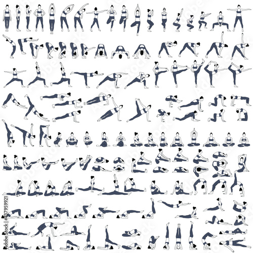 Fototapeta samoprzylepna Set of vector silhouettes of woman doing yoga exercises.  Icons of girl stretching and relaxing her body in many different yoga poses. Black shapes of woman isolated on white background. Yoga complex.