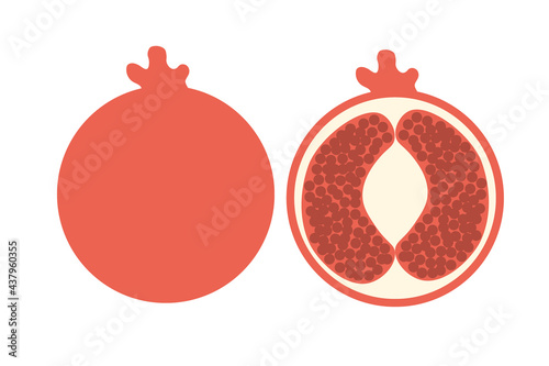 A whole pomegranate and a piece of pomegranate on an isolated white background. Flat vector illustration.