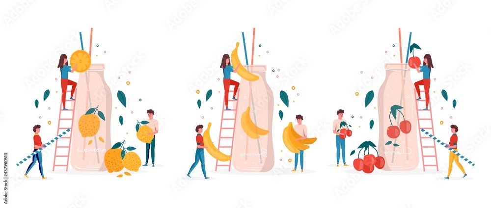 Concept for summer party, people drink and prepare watermelon juice in bottle with fruits and lemon. Vegan fruit and healthy detox cocktails. drinks, vitamin ice shakes for  bar. Vector trendy.