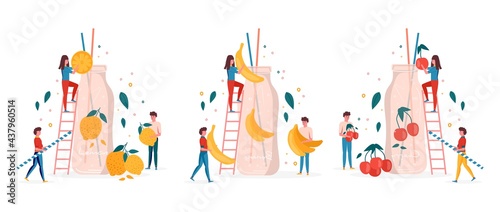 Concept for summer party, people drink and prepare watermelon juice in bottle with fruits and lemon. Vegan fruit and healthy detox cocktails. drinks, vitamin ice shakes for bar. Vector trendy.