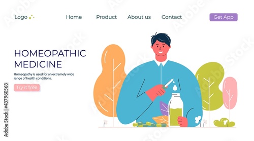 Cartoon people prepared organic natural homeopathic pills in glass jars. Homeopathy treatment banner, landing page, herbal alternative medicine, pharmacy, food supplement. flat vector.