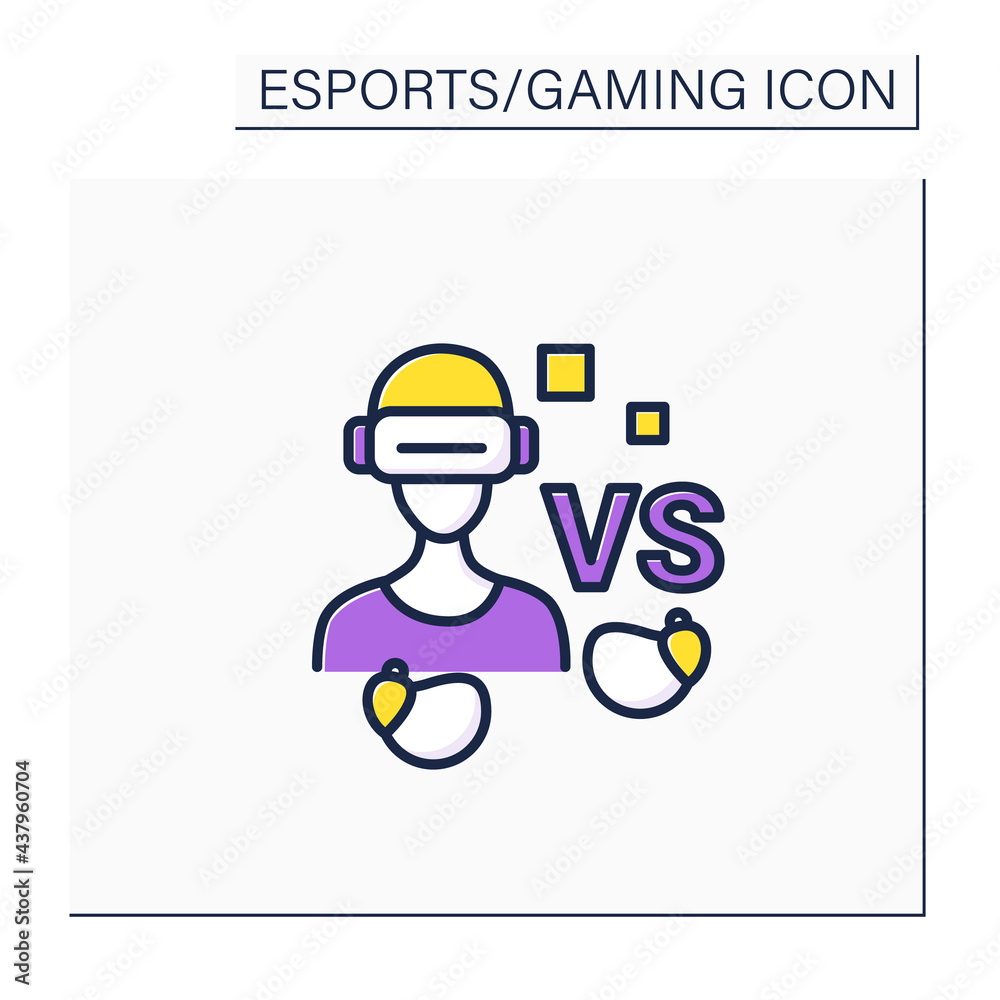 Gamer color icon. Man in virtual reality goggles with wireless headphones. Technical equipment. Cybersport concept. Isolated vector illustration Gamer color icon. Man in virtual reality goggles with wireless headphones. Technical equipment. Cybersport concept. Isolated vector illustration