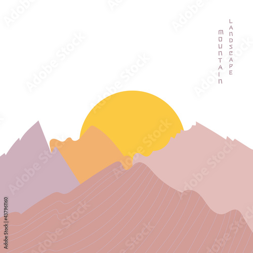 Mountain landscape poster. Geometric landscape background in asian japanese style. Vector illustration.