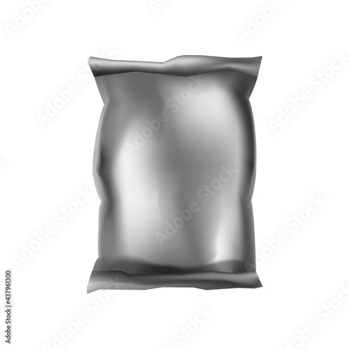 Silver sealed package template. Bag protection for packing things and groceries plastic realistic packet wrapped in vector cellophane